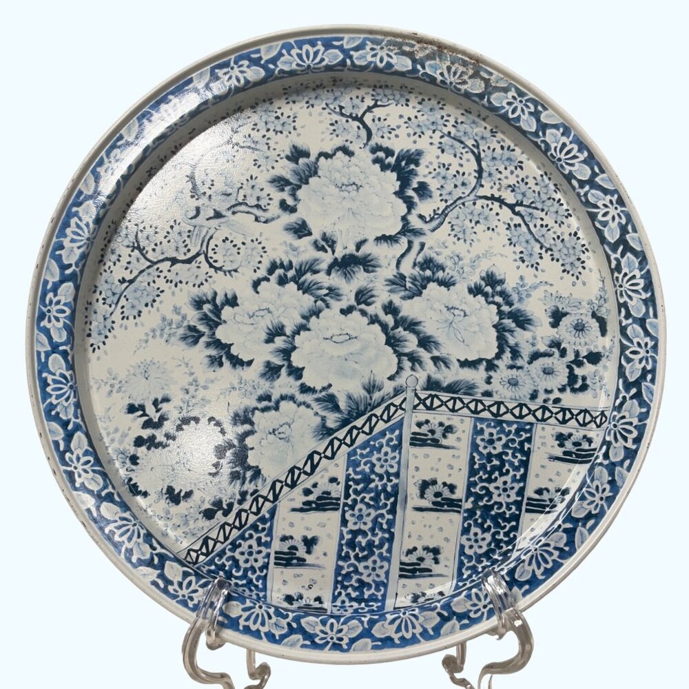 Vintage Ming Dynasty Style Blue & White Chrysanthemum Floral Metal Tray Reproduc
